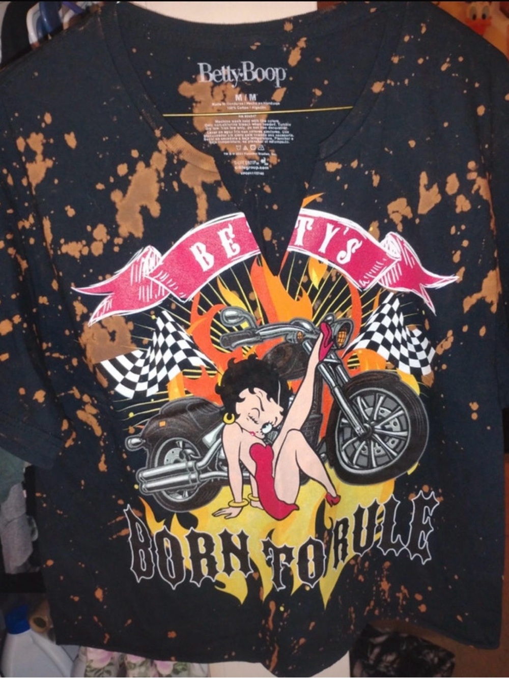 Betty Boop Women’s Black Bleach-Splatter 'Born to Ride' Graphic Tee
